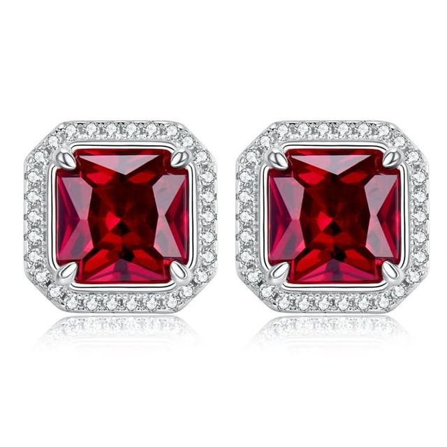 Boucles d'oreilles percées carré rouge rubis classique💎